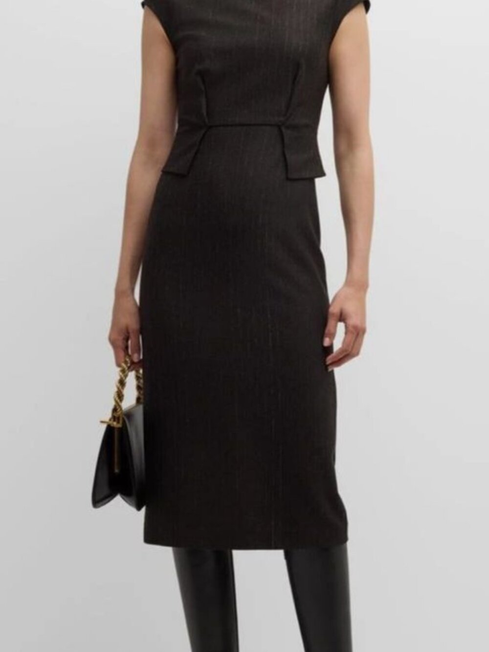 St. John Women’s Black Pinstripe Jersey Cap-Sleeve Peplum Midi Dress Size 10